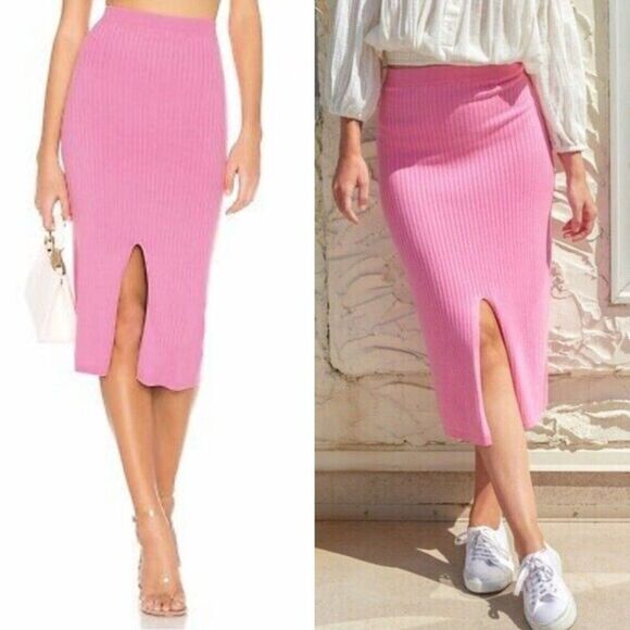 FREE PEOPLE Sz S SKYLINE RIBBED MIDI SKIRT WITH SLIT IN PINK FIREWORKS - Picture 1 of 9